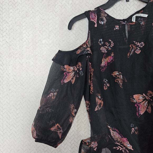 Mudd Cold Shoulder Blouse Womens XS Black Butterfly Print Sheer Boho Fairy Y2K - Picture 3 of 10